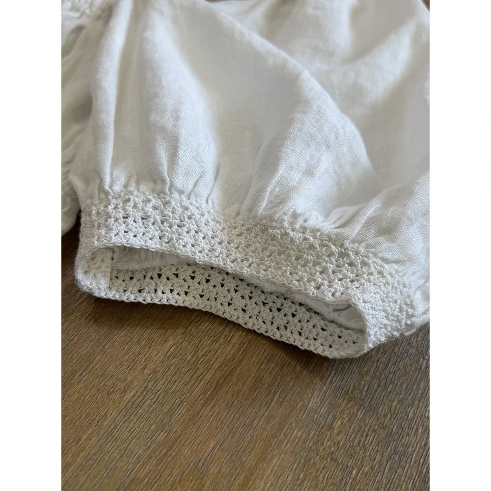 Ulla Johnson Smocked Short Sleeve White Linen Peplum Top Size 14